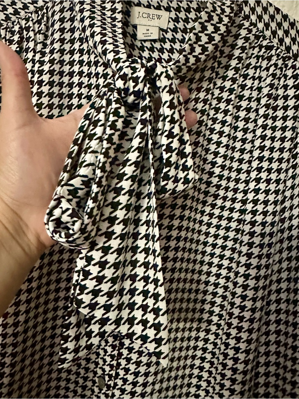 J. Crew Black and White Houndstooth Tie-Neck Blouse - Picture 2 of 7